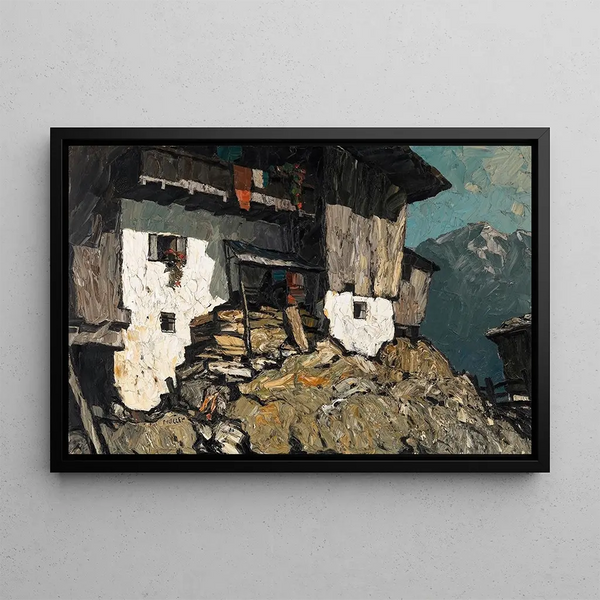 Mountain Farm Painting - Oskar Mulley — framed artwork on a wall