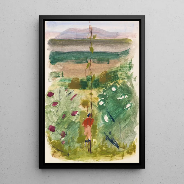 Landscape with a figure from behind among the bushes - Oskar Schlemmer — framed artwork on a wall