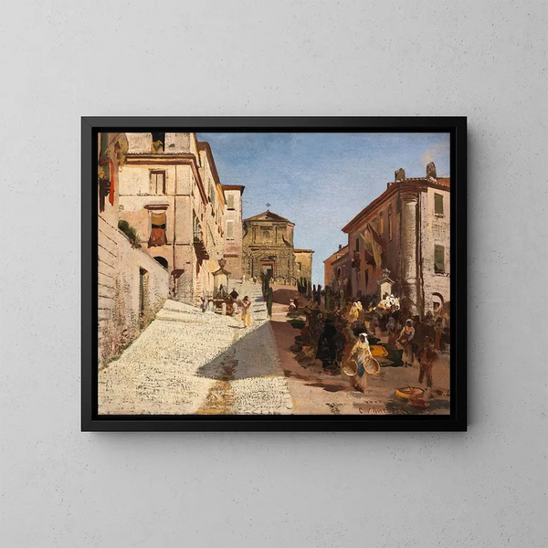 Vue de Genzano avec l'église Santa Maria della Cima - Oswald Achenbach — framed artwork on a wall