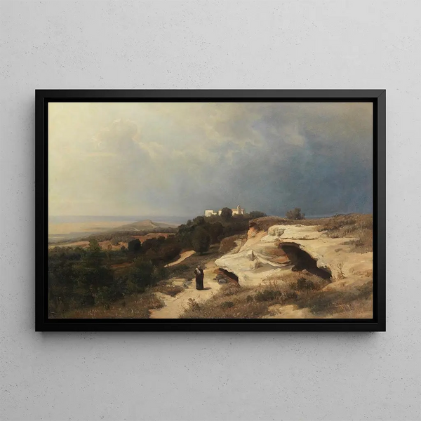 Bétail paissant au bord du lac - Oswald Achenbach — framed artwork on a wall