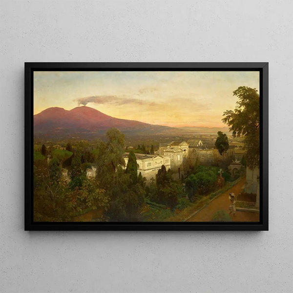 Campo Santo at Poggioreale, Vesuvius in the distance - Oswald Achenbach — framed artwork on a wall