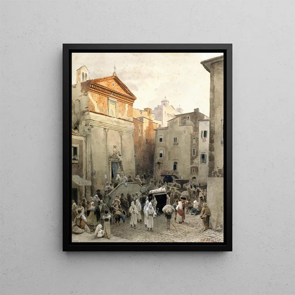 Funérailles à Palestrina - Oswald Achenbach — framed artwork on a wall