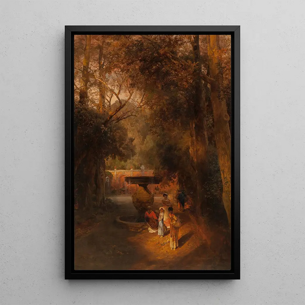 Gardens and fountain of Villa Torlonia in Frascati, Rome - Oswald Achenbach — framed artwork on a wall
