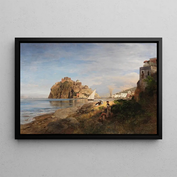 Ischia with view of the Aragonese Castle - Oswald Achenbach — framed artwork on a wall