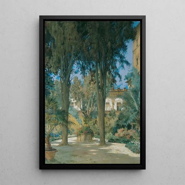 View of the embassy in Rome Garden scene with two cypresses - Othmar Brioschi — framed artwork on a wall