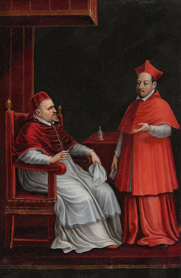 Le pape Paul V assis avec son neveu Scipione Borghese by Ottavio Leoni — framed artwork on a wall