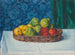 Still life: fruit basket on a table in front of a curtain and wallpaper - Ottilie Wilhelmine Roederstein — artwork view