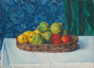 Still life: fruit basket on a table in front of a curtain and wallpaper - Ottilie Wilhelmine Roederstein — artwork view