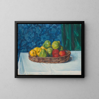 Still life: fruit basket on a table in front of a curtain and wallpaper - Ottilie Wilhelmine Roederstein — framed artwork on a wall