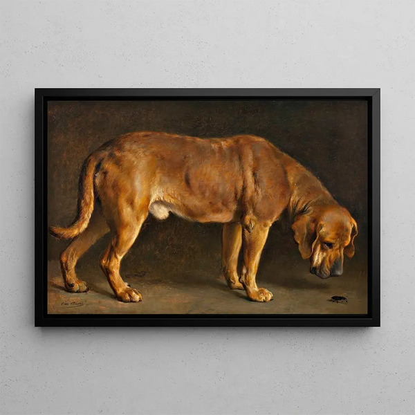 a Broholmer dog looking at a scarab - Otto Bache — framed artwork on a wall