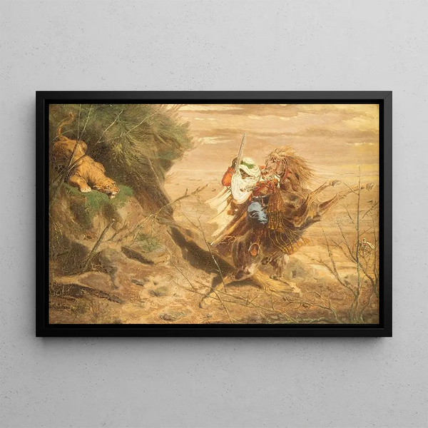 Arab Fighting a Lion Attack - Otto Clemens Fikentscher — framed artwork on a wall