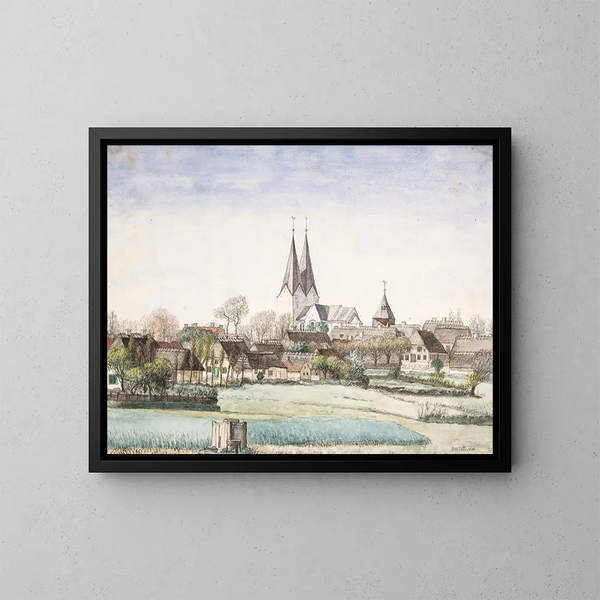 Village with church in Broager - Otto Didrik Ottesen — framed artwork on a wall