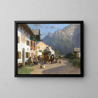 Rue de village à Mittenwald avec le Karwendelspitze - Otto Fedder — framed artwork on a wall