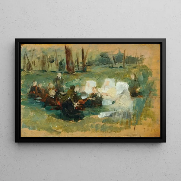 a Group of children with three nuns in white and a clergyman in a sunlit clearing - Otto Friedrich — framed artwork on a wall