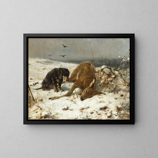 a dog with a dead deer - Otto Gebler — framed artwork on a wall