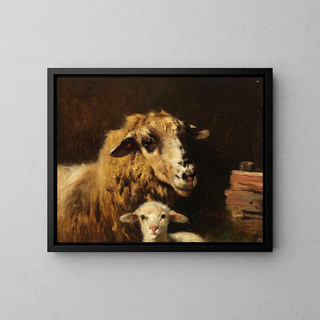 Sheep with Lamb in the Stable - Otto Gebler — framed artwork on a wall