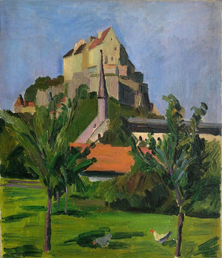 Otto Geigenberger - Burghausen Garten mit Hhnern im Hintergrund die Burganlage.webp