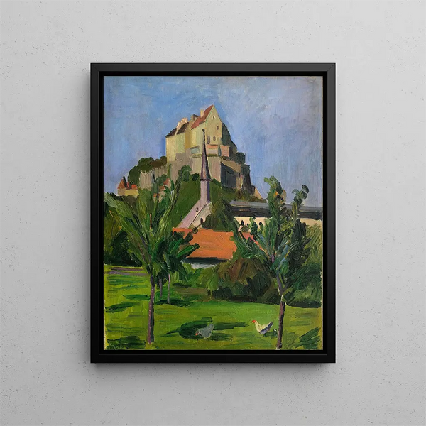 Burghausen painting, garden with chickens in the background of the fortress - Otto Geigenberger — framed artwork on a wall