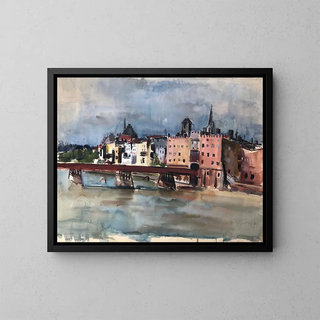the Front of the Wasserburg am Inn with the Inn Bridge - Otto Geigenberger — framed artwork on a wall