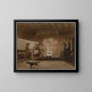 Family around the fireplace - Otto Hoven — framed artwork on a wall