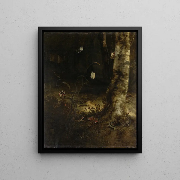 Forest floor painting with a serpent, lizards, butterflies, and other insects - Otto Marseus van Schrieck — framed artwork on a wall