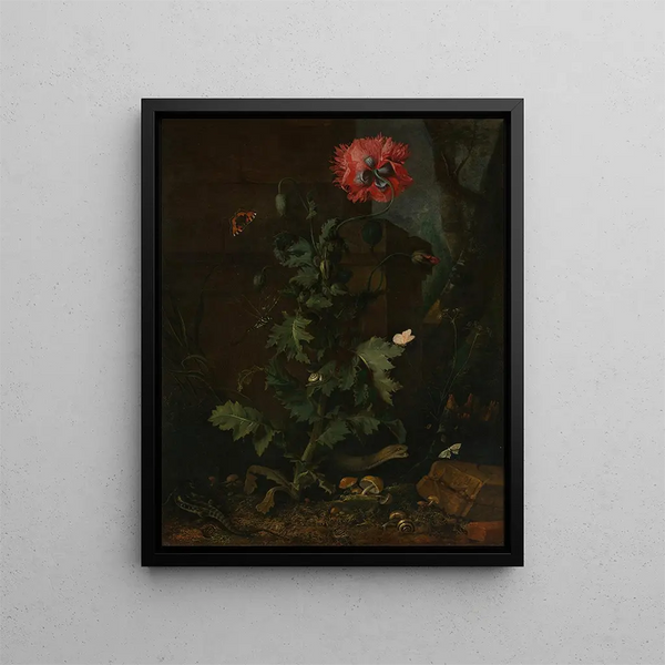 Nature morte aux coquelicots, insectes et reptiles - Otto Marseus van Schrieck — framed artwork on a wall
