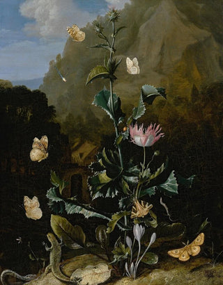 Otto Marseus van Schrieck - Still life of a thistle and other flowers surrounded by moths a dragonfly a lizard and a snake in a landscape.webp