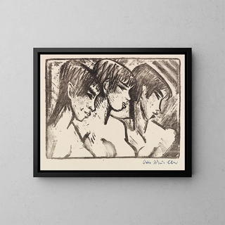 Three girls in profile - Otto Mueller — framed artwork on a wall