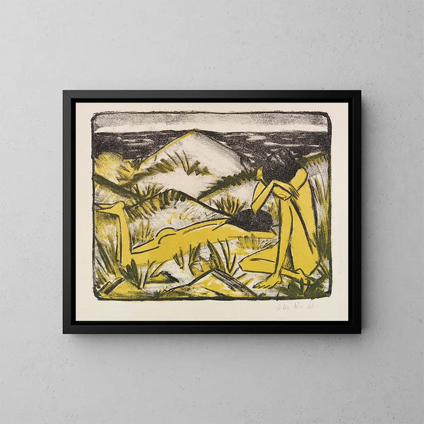 A girl sitting and a girl lying down Two girls in the dunes of Sylt - Otto Mueller — framed artwork on a wall