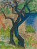 Riverbank painting with blue tree - Otto Mueller — artwork view