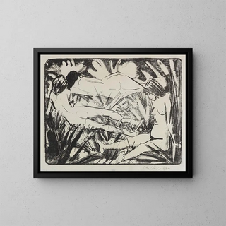 Sitting Girls and Two Lying Girls in the Grass, Three Acts - Otto Mueller — framed artwork on a wall