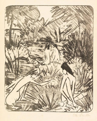 Otto Mueller - Waldsee mit drei badenden und einem sitzenden Mdchen 2.webp