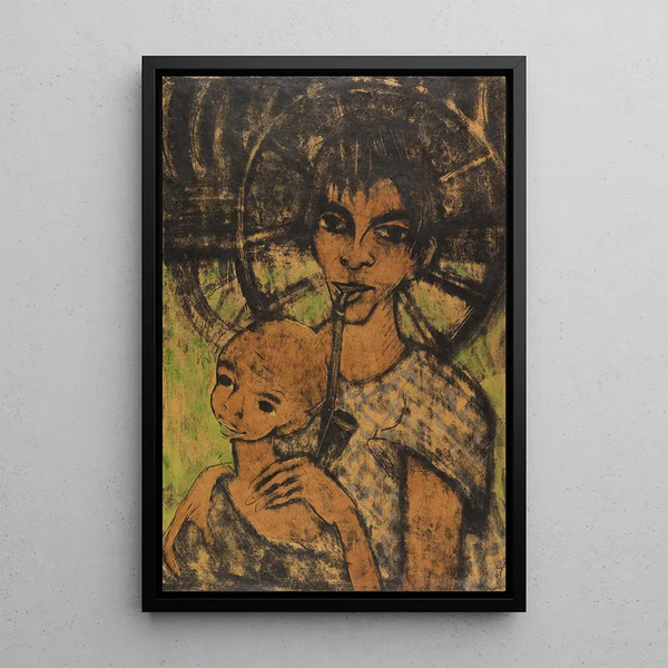 Madone gitane gitane avec enfant devant la roue du chariot - Otto Mueller — framed artwork on a wall
