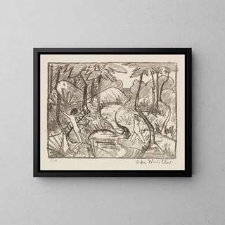 Two figures at the stream 2 Forest landscape - Otto Mueller — framed artwork on a wall