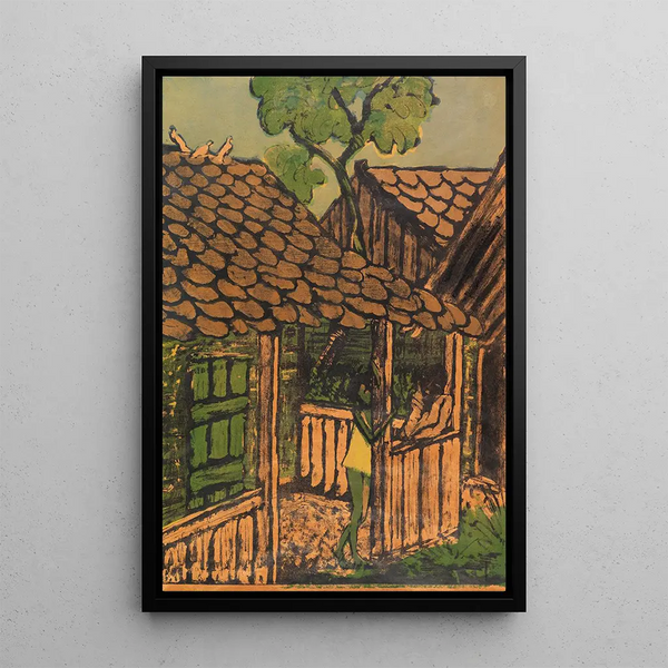 Two Gypsy Children in Front of the Hut - Otto Mueller — framed artwork on a wall