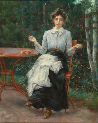 Otto Piltz - The Painters Daughter Sewing in the Garden according to family tradition.webp