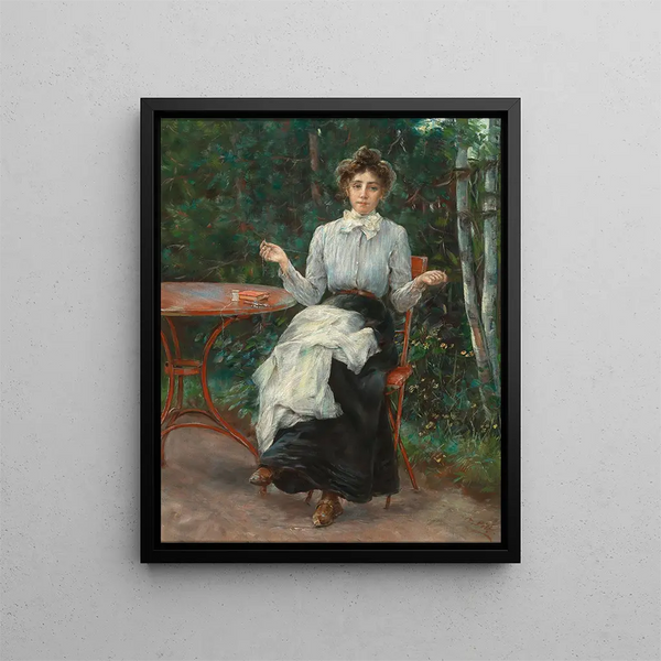 La fille du peintre cousant dans le jardin selon la tradition familiale - Otto Piltz — framed artwork on a wall