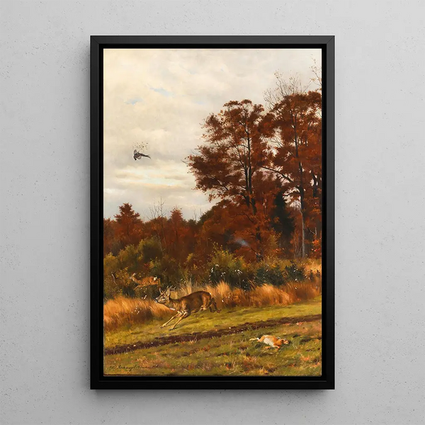 Hunting scene at the forest edge - Otto Recknagel — framed artwork on a wall
