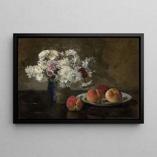 Bouquet de dahlias et pêches sur un entablement - Otto Scholderer — framed artwork on a wall
