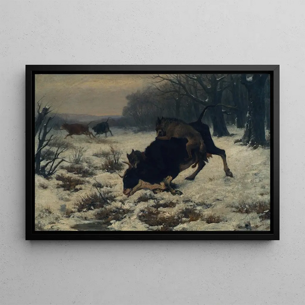a cow attacked by wolves - Otto von Thoren — framed artwork on a wall