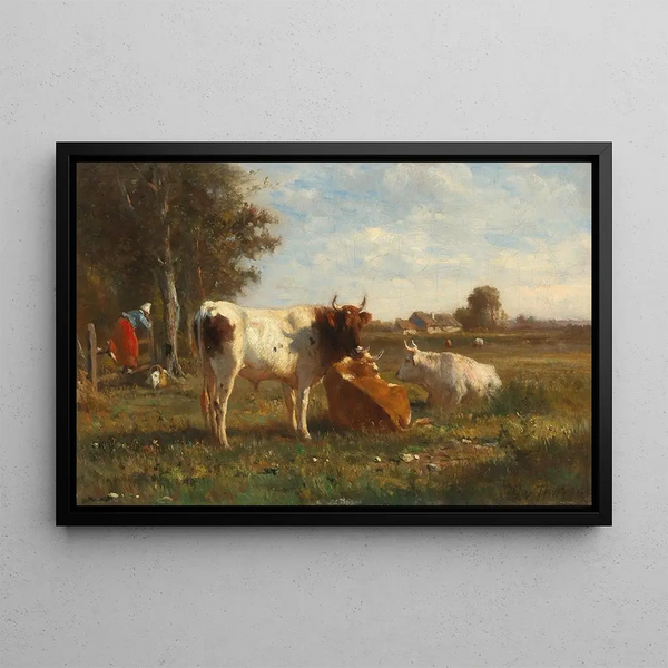 Landscape painting open with cows - Otto von Thoren — framed artwork on a wall
