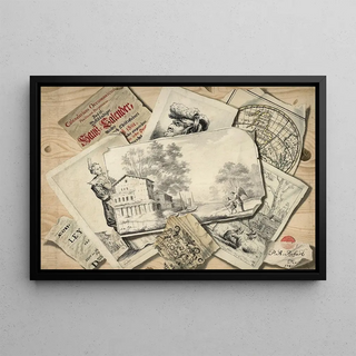 a Trompe-l'œil painting depicting Tobie and the Angel and engravings - P. A. Robart — framed artwork on a wall