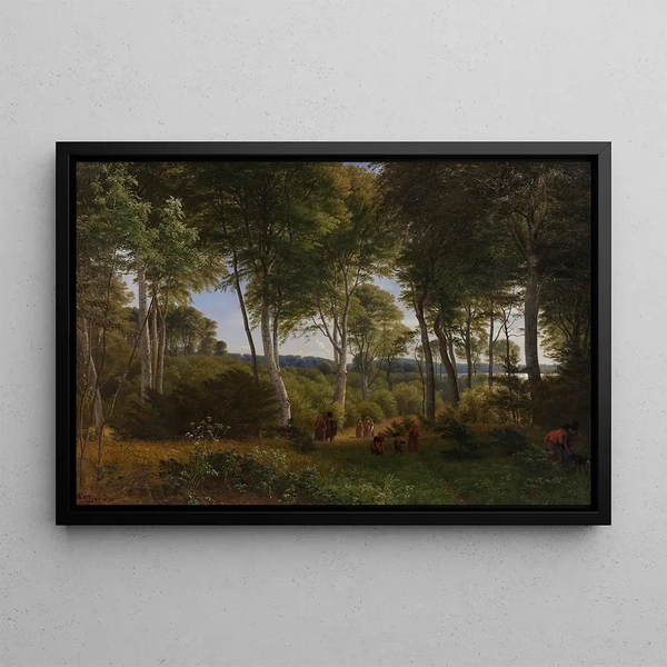 Wood Painting of Delhoved near Lake Skarre Zélande in the Afternoon Light - P. C. Skovgaard — framed artwork on a wall