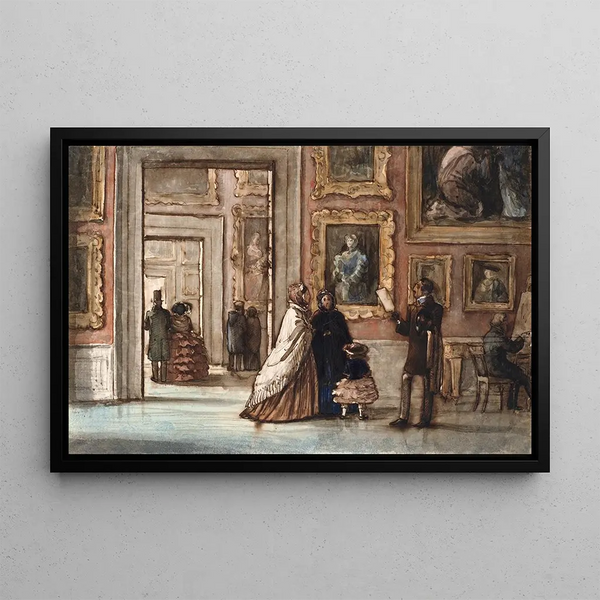 Interior painting with visitors at the Palazzo Pitti in Florence - P. C. Skovgaard — framed artwork on a wall