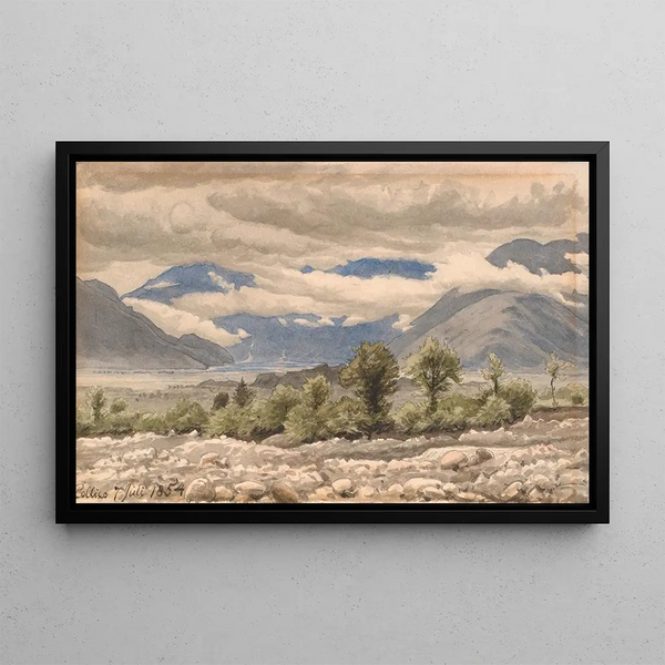 Mountain landscape painting of Italy in cloudy weather - P. C. Skovgaard — framed artwork on a wall
