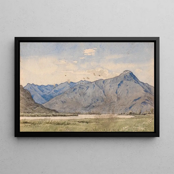 Italian landscape painting with a river and mountains - P. C. Skovgaard — framed artwork on a wall