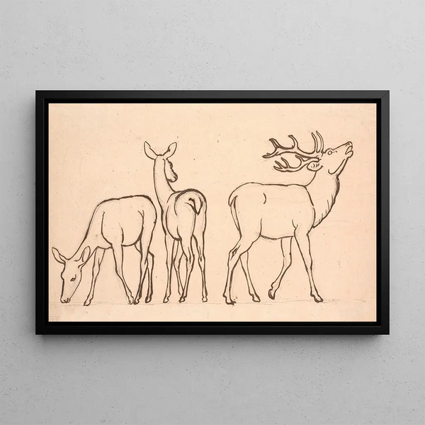 Cerfs et deux biches painting - P. C. Skovgaard — framed artwork on a wall