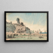 Coastal landscape painting with scattered houses - P. C. Skovgaard — framed artwork on a wall