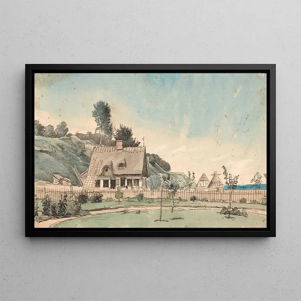 Coastal landscape painting with scattered houses - P. C. Skovgaard — framed artwork on a wall
