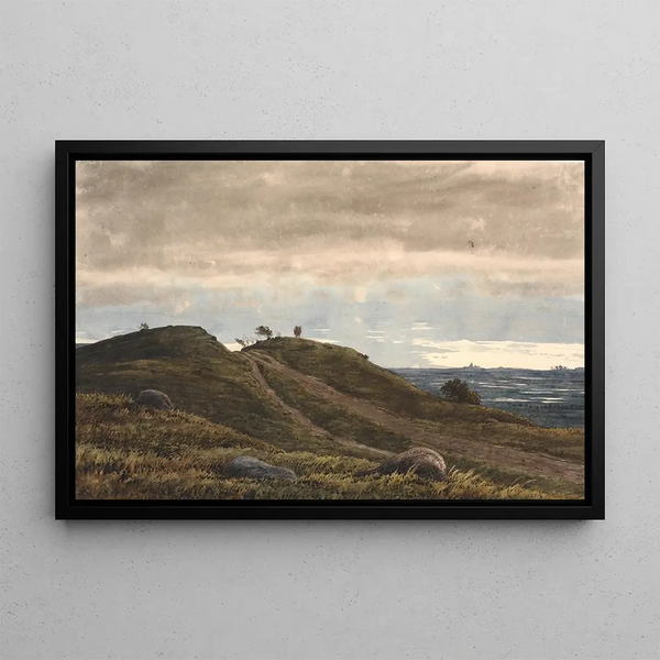 Landscape painting with a sandy path leading to a heather hill. On the right, a view of a vast expanse of land with peat bogs from the Raageleje region - P. C. Skovgaard — framed artwork on a wall